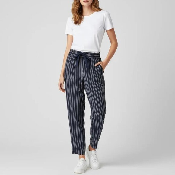 Zara Pants - ZARA Women's Navy Blue/White Striped Drawstring Paperbag Pants Size XS